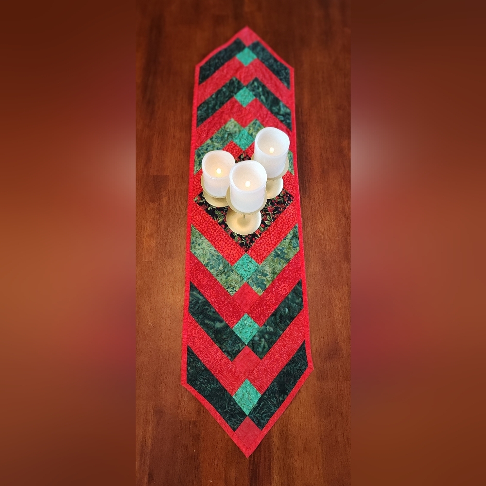 Christmas Cheer! NEW HANDMADE Quilted Batik Table Runner - Red & Green - 12 X 46